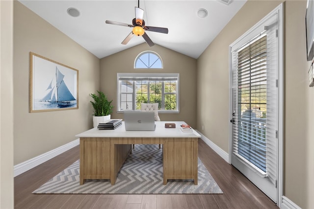 40267 Scanlon Rd, Temecula, CA 92592 - office space with dark wood-style flooring, a ceiling fan, lofted ceiling, and baseboards