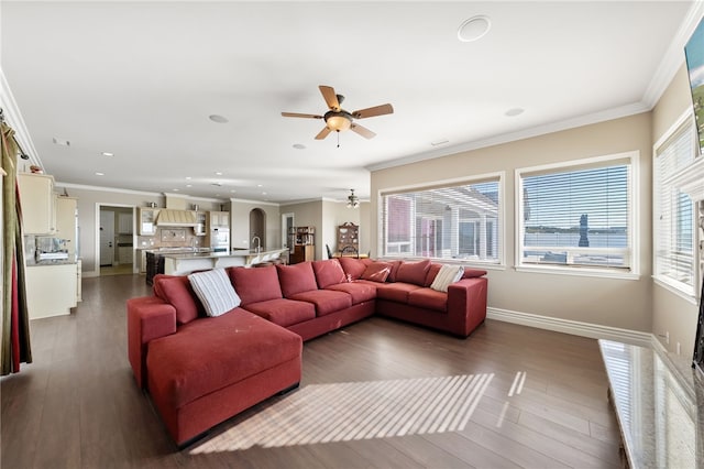 40267 Scanlon Rd, Temecula, CA 92592 - living room featuring a ceiling fan, ornamental molding, wood finished floors, recessed lighting, and baseboards