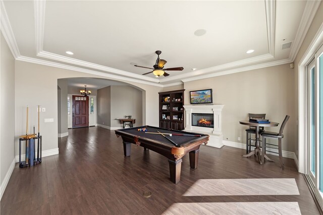 40267 Scanlon Rd, Temecula, CA 92592 - rec room featuring arched walkways, a glass covered fireplace, dark wood-type flooring, billiards, and ornamental molding