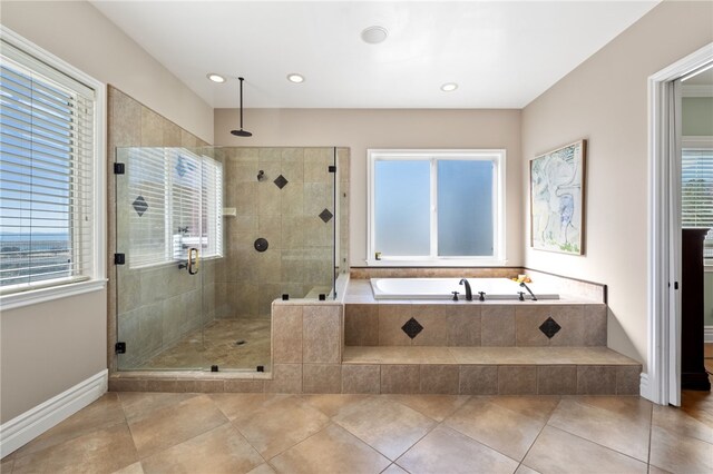 40267 Scanlon Rd, Temecula, CA 92592 - bathroom featuring a shower stall, a bath, tile patterned flooring, baseboards, and recessed lighting