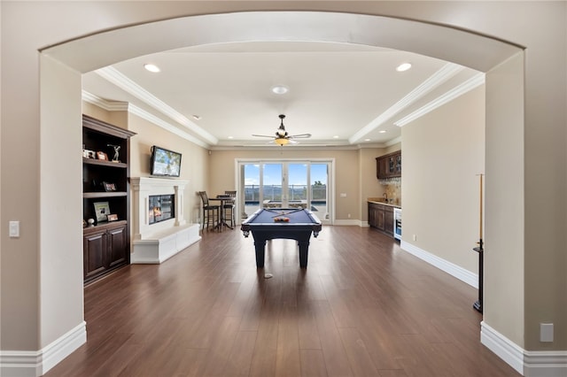 40267 Scanlon Rd, Temecula, CA 92592 - rec room featuring billiards table, dark wood-style floors, ceiling fan, ornamental molding, and wine cooler