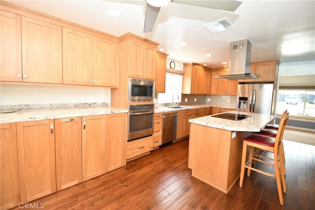 5309 Emerald St, Torrance, CA 90503 - kitchen with appliances with stainless steel finishes, island exhaust hood, a sink, light brown cabinets, and dark wood-style floors