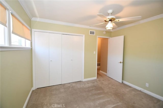 5309 Emerald St, Torrance, CA 90503 - unfurnished bedroom with carpet flooring, a closet, crown molding, baseboards, and ceiling fan