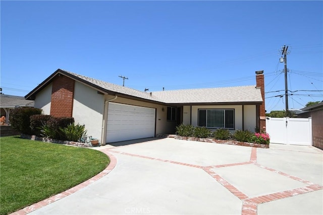 5309 Emerald St, Torrance, CA 90503 - ranch-style home featuring an attached garage, concrete driveway, stucco siding, a chimney, and a gate