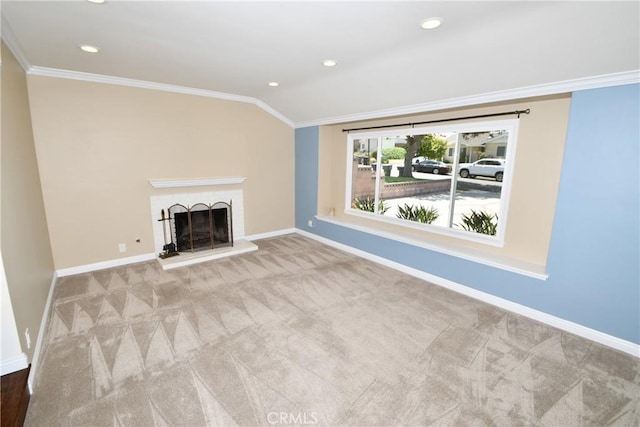 5309 Emerald St, Torrance, CA 90503 - unfurnished living room featuring carpet floors, ornamental molding, baseboards, a fireplace, and recessed lighting