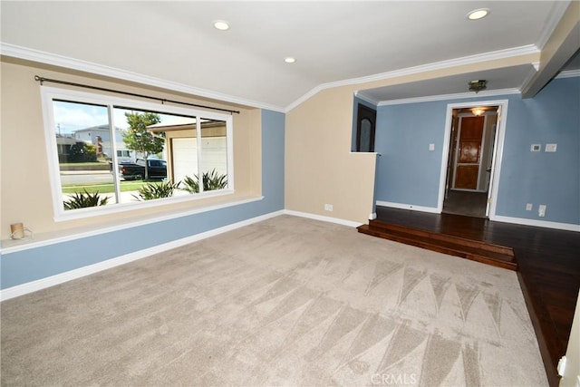 5309 Emerald St, Torrance, CA 90503 - unfurnished living room with baseboards, ornamental molding, carpet flooring, vaulted ceiling, and recessed lighting