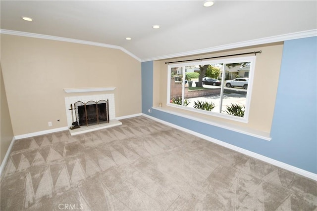 5309 Emerald St, Torrance, CA 90503 - unfurnished living room with ornamental molding, carpet, baseboards, recessed lighting, and a brick fireplace