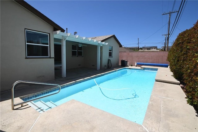 5309 Emerald St, Torrance, CA 90503 - view of pool with a patio, a fenced backyard, a pergola, and a ceiling fan