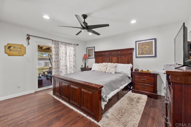 852 5th St, Imperial Beach, CA 91932 - bedroom with access to exterior, dark wood-style flooring, baseboards, recessed lighting, and ceiling fan