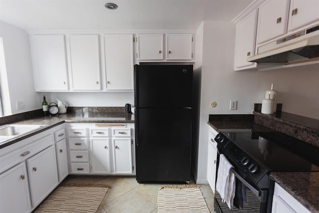 1002 30th St Unit 206, San Diego, CA 92102 - kitchen featuring black appliances, under cabinet range hood, white cabinetry, light tile patterned floors, and a sink
