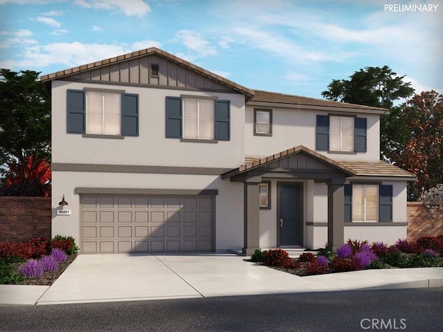 35208 Lopez Ln, Beaumont, CA 92223 - view of front of house featuring a garage, stucco siding, board and batten siding, and driveway