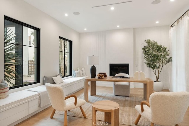 10 Seabluff, Newport Beach, CA 92660 - office space featuring light wood-style floors, a glass covered fireplace, and recessed lighting