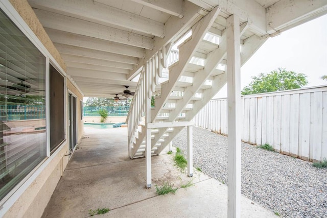 28679 Corte Capri, Menifee, CA 92584 - fenced backyard with stairway, a patio, and ceiling fan