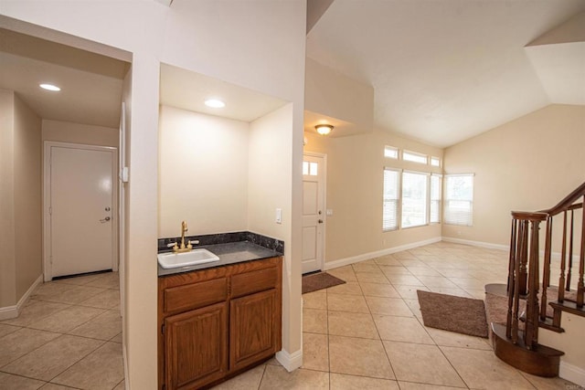28679 Corte Capri, Menifee, CA 92584 - bathroom featuring tile patterned floors, vaulted ceiling, vanity, baseboards, and recessed lighting
