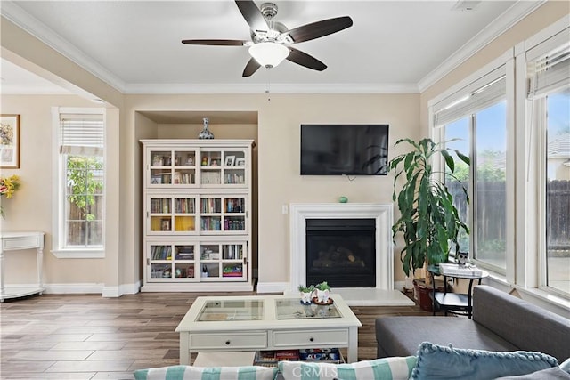 1958 Fall Brook Ct, Merced, CA 95340 - living area with ornamental molding, wood finished floors, ceiling fan, a fireplace with raised hearth, and baseboards