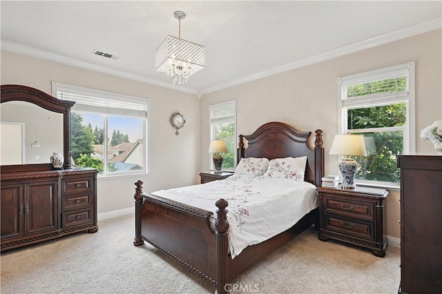 1958 Fall Brook Ct, Merced, CA 95340 - bedroom with light colored carpet, ornamental molding, multiple windows, a chandelier, and baseboards
