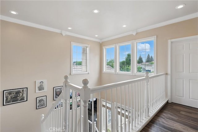 1958 Fall Brook Ct, Merced, CA 95340 - hall featuring ornamental molding, an upstairs landing, recessed lighting, and wood finished floors