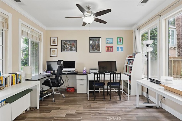1958 Fall Brook Ct, Merced, CA 95340 - home office featuring crown molding, ceiling fan, and wood finished floors