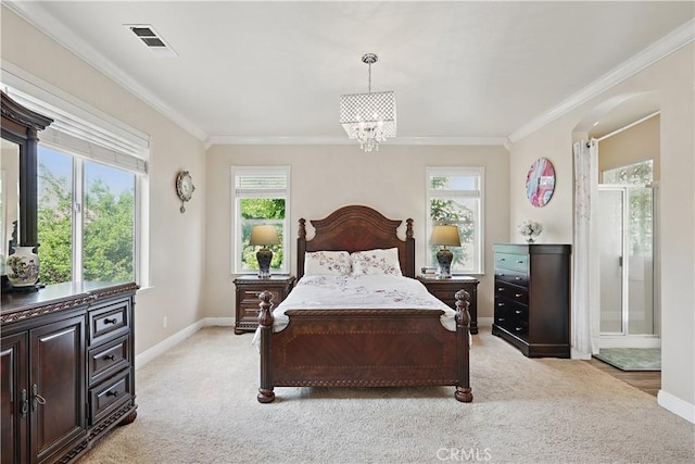 1958 Fall Brook Ct, Merced, CA 95340 - bedroom featuring multiple windows, ornamental molding, light colored carpet, and a chandelier