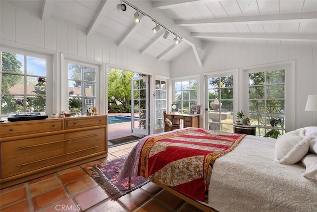 5132 Quakertown Ave, Woodland Hills, CA 91364 - bedroom featuring access to exterior, multiple windows, rail lighting, and tile patterned floors