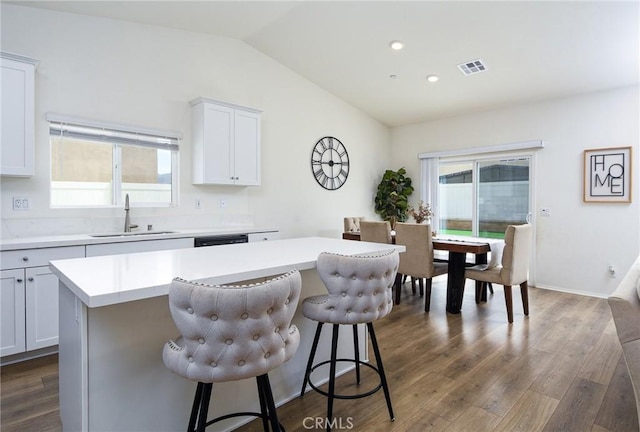 28400 Memory Ln, Winchester, CA 92596 - kitchen featuring a sink, a kitchen island, vaulted ceiling, a kitchen breakfast bar, and light countertops