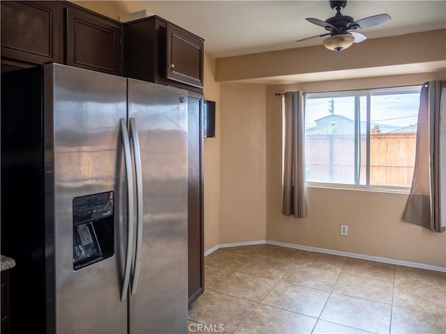 66659 El Dorado Pl, Desert Hot Springs, CA 92240 - kitchen featuring stainless steel fridge with ice dispenser, a ceiling fan, dark brown cabinets, and light tile patterned floors