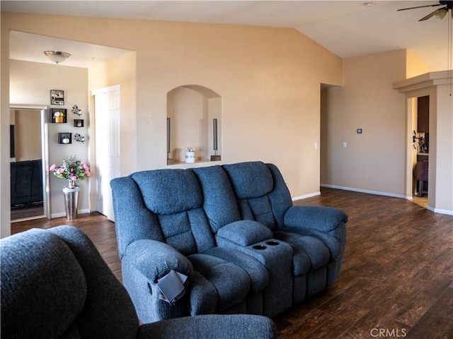 66659 El Dorado Pl, Desert Hot Springs, CA 92240 - living area featuring wood finished floors, arched walkways, ceiling fan, and vaulted ceiling