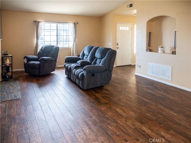 66659 El Dorado Pl, Desert Hot Springs, CA 92240 - living room with dark wood-style floors and lofted ceiling