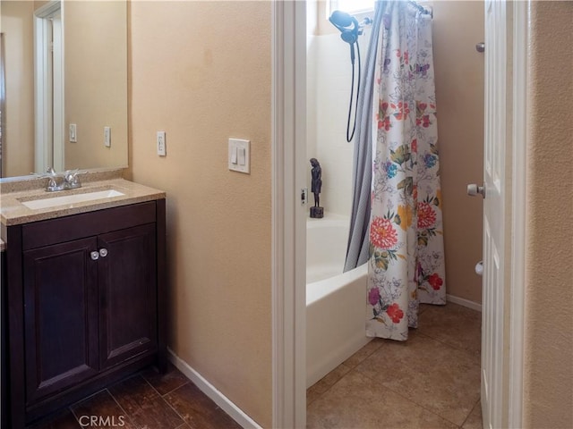 66659 El Dorado Pl, Desert Hot Springs, CA 92240 - full bath featuring vanity, shower / bath combo with shower curtain, and tile patterned flooring