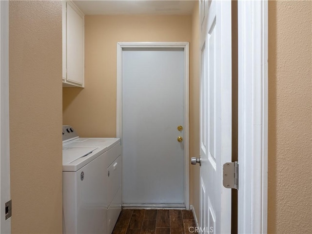 66659 El Dorado Pl, Desert Hot Springs, CA 92240 - laundry room with cabinet space, independent washer and dryer, and dark wood-type flooring