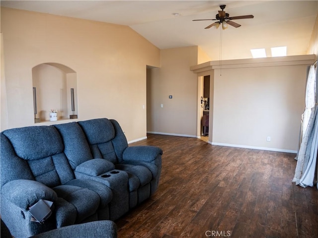 66659 El Dorado Pl, Desert Hot Springs, CA 92240 - living room with ceiling fan, vaulted ceiling, wood finished floors, and arched walkways