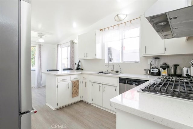 7700 Goodland Ave, North Hollywood, CA 91605 - kitchen featuring appliances with stainless steel finishes, a sink, range hood, a peninsula, and light wood-style flooring