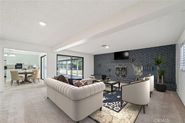 40389 Melrose Ave, Hemet, CA 92544 - carpeted living room with a textured ceiling, a fireplace, and brick wall