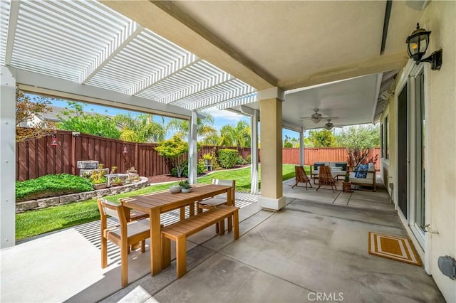 45133 Fieldbrook Ct, Temecula, CA 92592 - view of patio / terrace featuring outdoor dining area, a pergola, an outdoor living space, and ceiling fan