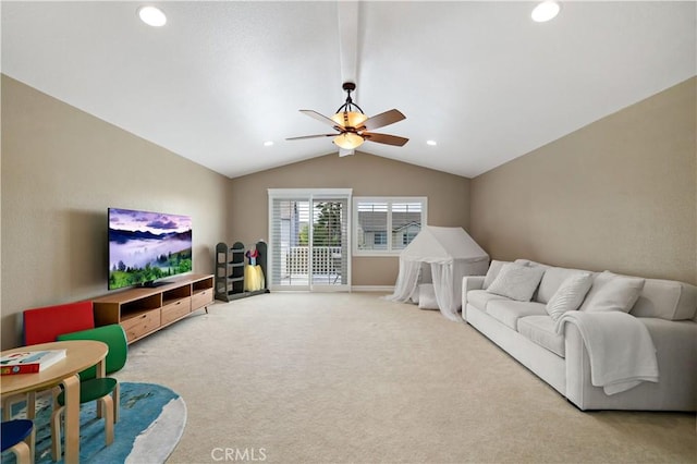 45133 Fieldbrook Ct, Temecula, CA 92592 - living room featuring ceiling fan, lofted ceiling, carpet flooring, recessed lighting, and baseboards