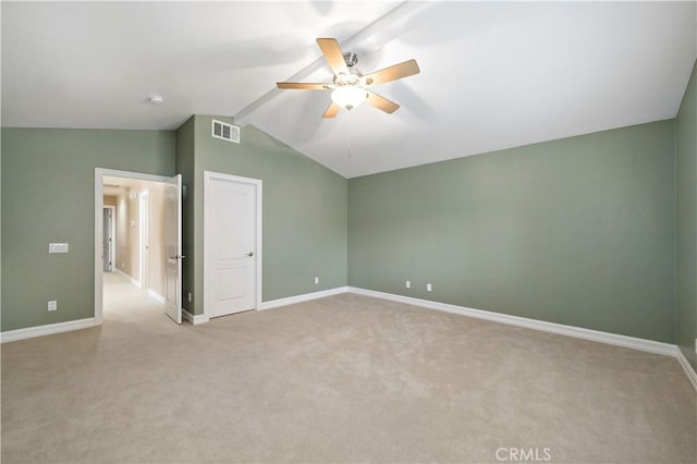 45133 Fieldbrook Ct, Temecula, CA 92592 - empty room featuring ceiling fan, vaulted ceiling, light colored carpet, and baseboards