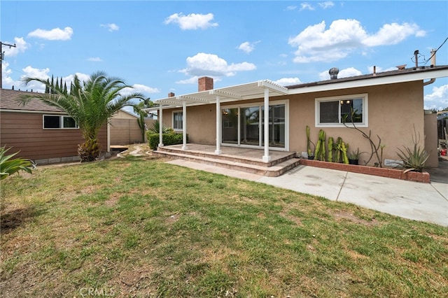 15408 Mottley Dr, La Mirada, CA 90638 - rear view of property with a patio area, stucco siding, a pergola, a lawn, and a chimney