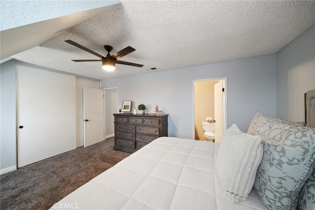11396 Burl Dr, Fontana, CA 92337 - carpeted bedroom featuring a textured ceiling, ceiling fan, and ensuite bath