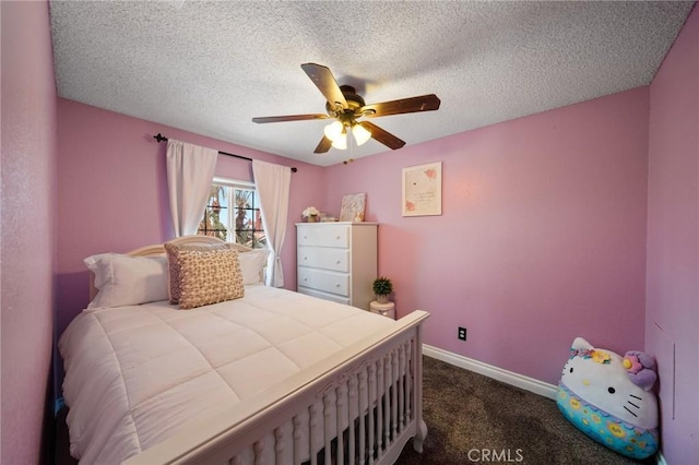 11396 Burl Dr, Fontana, CA 92337 - bedroom with dark carpet, baseboards, ceiling fan, and a textured ceiling