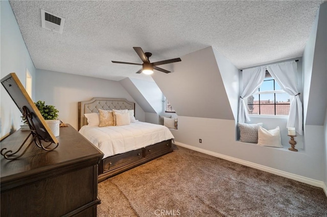 11396 Burl Dr, Fontana, CA 92337 - bedroom with carpet flooring, a textured ceiling, a ceiling fan, vaulted ceiling, and baseboards