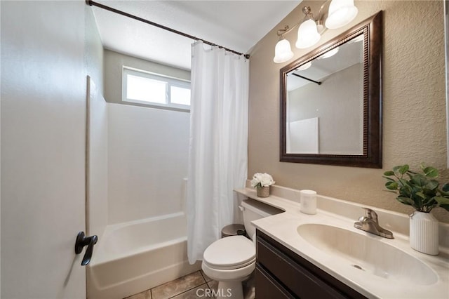 11396 Burl Dr, Fontana, CA 92337 - bathroom with vanity, toilet, shower / bath combo with shower curtain, tile patterned flooring, and a textured wall