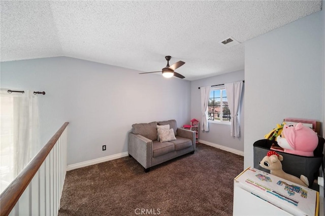 11396 Burl Dr, Fontana, CA 92337 - living area featuring a ceiling fan, carpet floors, baseboards, a textured ceiling, and vaulted ceiling