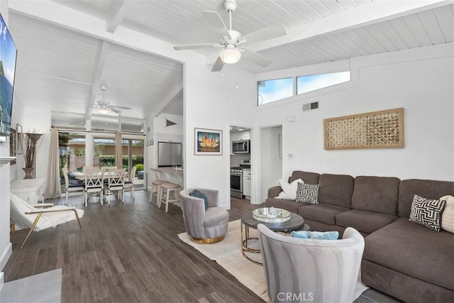 33926 La Serena Dr Unit 7, Dana Point, CA 92629 - living area featuring a ceiling fan, wood finished floors, plenty of natural light, a high ceiling, and wood ceiling with exposed beams