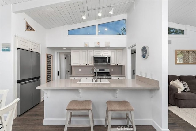 33926 La Serena Dr Unit 7, Dana Point, CA 92629 - kitchen featuring appliances with stainless steel finishes, a sink, wooden ceiling, white cabinetry, and dark wood-style floors