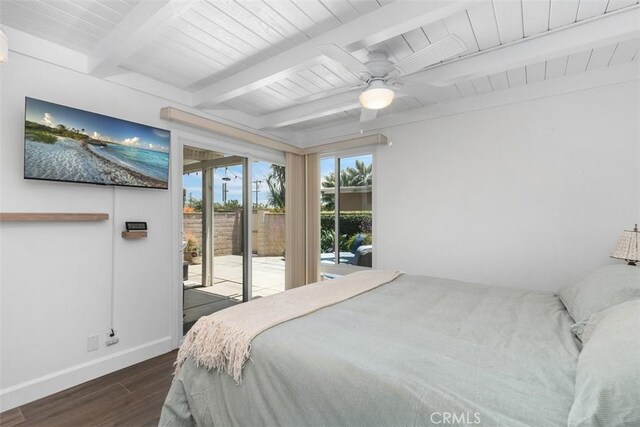 33926 La Serena Dr Unit 7, Dana Point, CA 92629 - bedroom with dark wood finished floors, access to exterior, baseboards, a ceiling fan, and wooden ceiling with exposed beams