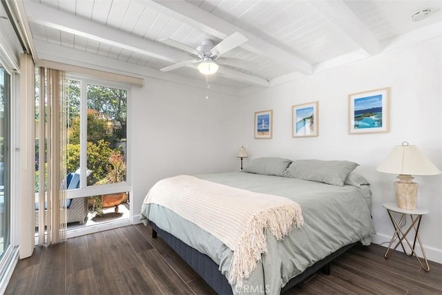 33926 La Serena Dr Unit 7, Dana Point, CA 92629 - bedroom with beam ceiling, wood finished floors, baseboards, and a ceiling fan