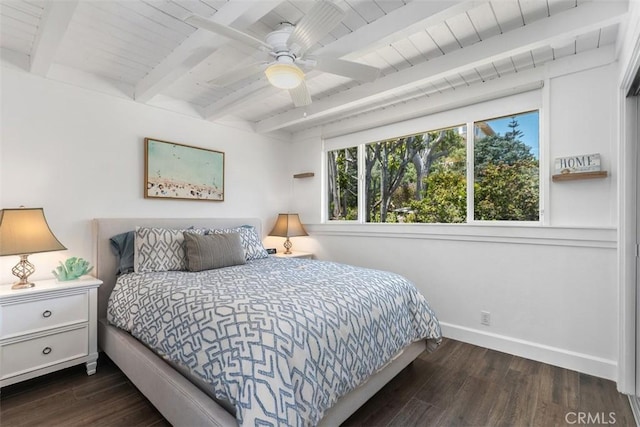 33926 La Serena Dr Unit 7, Dana Point, CA 92629 - bedroom with baseboards, wood finished floors, wood ceiling with exposed beams, and ceiling fan