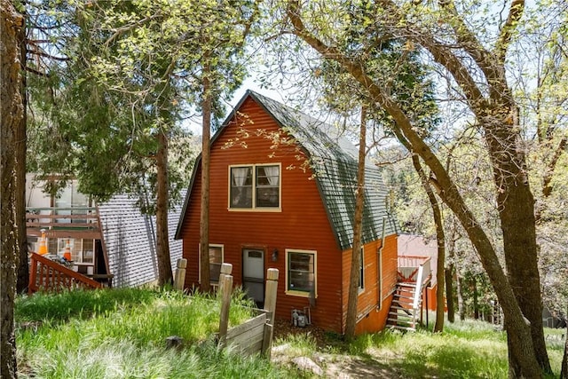 29219 Lyon Dr, Cedar Glen, CA 92321 - rear view of property with a gambrel roof and stairs