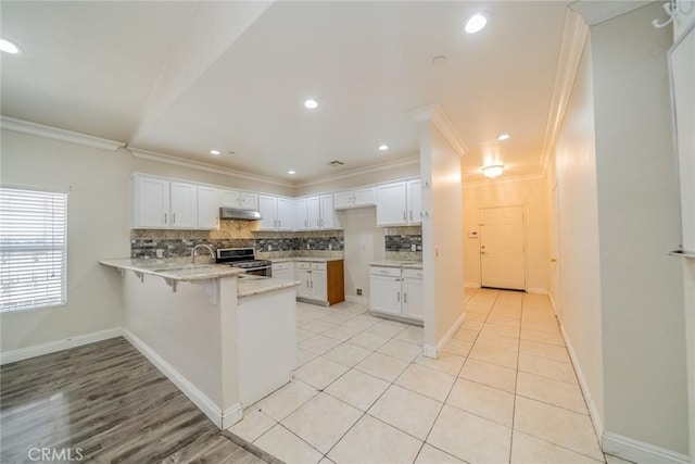 7404 Marshall Ct, Highland, CA 92346 - kitchen with stainless steel electric range oven, a peninsula, under cabinet range hood, ornamental molding, and decorative backsplash