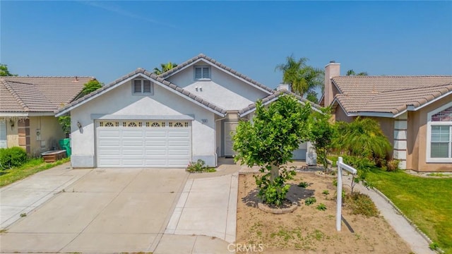 7404 Marshall Ct, Highland, CA 92346 - ranch-style home with a garage, driveway, stucco siding, a chimney, and a tiled roof